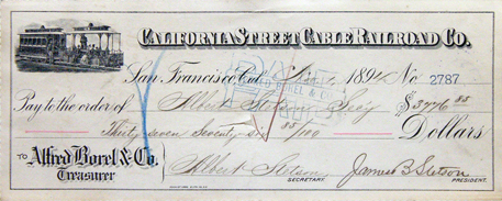 California Street Cable Railroad Co., bank check, 1898